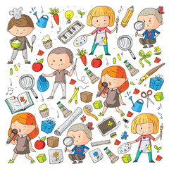 Children. School and kindergarten. Creativity and education. Music. Exploration. Science. Imagination. Play and study. Cooking. Singing. Reading. Different hobby and lessons. Vector illustration