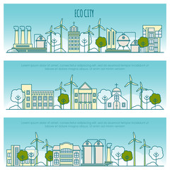 Ecology city banners. Vector template with thin line icons of eco technology, sustainability of local environment