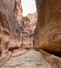 Large panoramic view of the Petra gorge at cold winter day