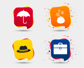 Clothing accessories icons. Umbrella and headdress hat signs. Wallet with cash coins, business case symbols. Speech bubbles or chat symbols. Colored elements. Vector