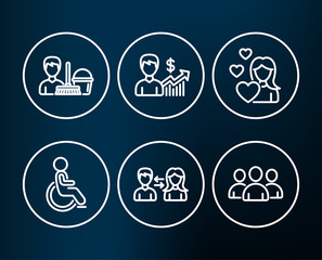 Set of Disabled, Business growth and Cleaning service icons. People communication, Love and Group signs. Handicapped wheelchair, Earnings results, Bucket with mop. Vector
