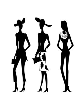 3 fashion women silhouettes. Hand drawn black and white fashion models of a Summer elegant collection.