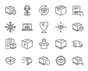 Logistics and Shipping line icons. Set of Truck Delivery, Box and Checklist signs. Push cart, Parcels tracking and World trade. Location pin, Goods Insurance and Document with barcode symbols. Vector