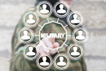 Soldier using virtual touchscreen presses military text button . Military World Safety Army Recruitment concept. Armed Human Resources.