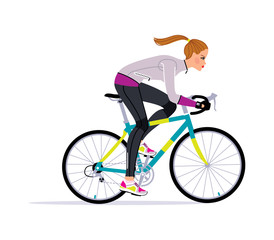 Girl wearing fitness outfit riding a bicycle. 