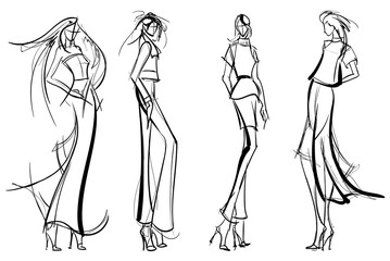 Stylish fashion models. Pretty young girls. Fashion girls Sketch