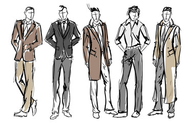 Fashion man. Set of fashionable men's sketches on a white background. Spring men.