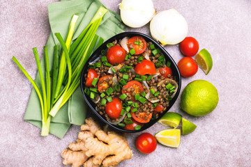 Indian lentil salad with veggies. Healthy food, vegetarian and vegan