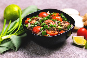 Indian lentil salad with veggies. Healthy food, vegetarian and vegan