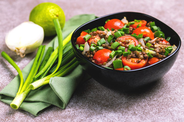Indian lentil salad with veggies. Healthy food, vegetarian and vegan