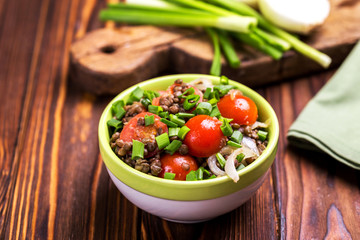 Indian lentil salad with veggies. Healthy food, vegetarian and vegan