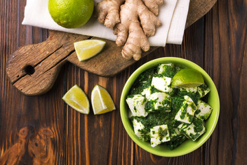 Traditional Indian cuisine. Homemade palak paneer. Copyspace, top view