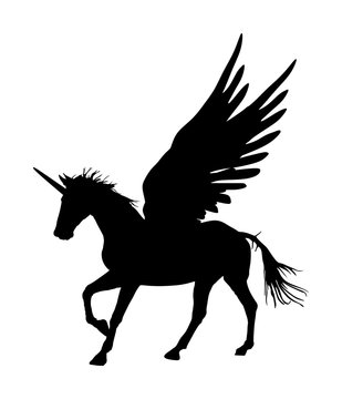 Cute magic Unicorn Pegasus vector silhouette isolated on white background. Pegasus silhouette, majestic mythical Greek winged horse.  Mythology flying Horse from dream. Symbol of freedom.