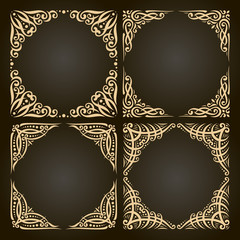 Vector set of decorative golden frames on dark, ornate decoration with flourishes for wedding invitation, 4 vintage borders with curls and dots, ornament with sophisticated indian design elements. 