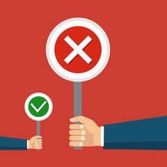 Vector illustration. The concept of choice, the right choice and a wrong decision.