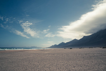 Fototapeta na wymiar Desert Cofete beach, Fuerteventura, Canary islands. Background or wallpaper with nobody.