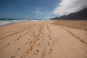 Footprints on the sand. Cofete beach, Fuerteventura, Canary Islands, Spain.