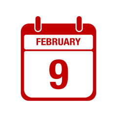 9 February calendar red icon. nine