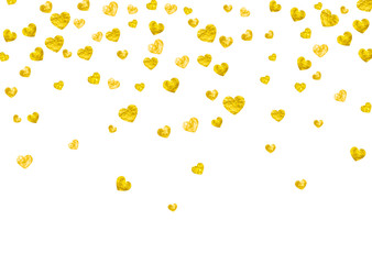 Heart border for Valentines day with gold glitter. February 14th day. Vector confetti for heart border template. Grunge hand drawn texture. Love theme for flyer, special business offer, promo.