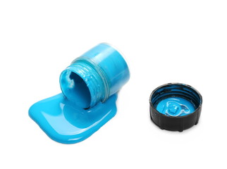 Spilled blue watercolor with bottle isolated on white background