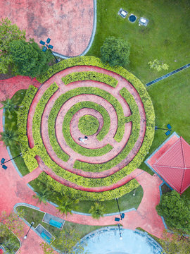 Aerial View Of Green Labyrinth Maze.