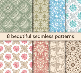 Set of 8 patterns. Collection arabic, indian, japanese, islamic motifs. Mandala seamless pattern.