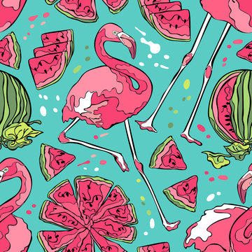Flamingo and watermelon. Seamless vector pattern (background).