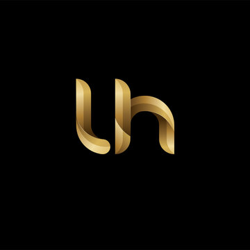 Initial lowercase letter lh, swirl curve rounded logo, elegant golden color on black background