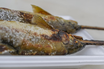 Close up of Grilled trout fish on wooden table at Kegon Waterfall, Nikko, Tochigi, Japan.