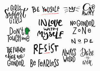 Girl power shirt quote feminist lettering. Calligraphy inspiration graphic design typography element. Hand written Simple vector sign Protest against patriarchy sexism misogyny female love with myself