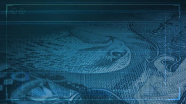 An extreme closeup of UAE dirham notes flipping through in a counting machine overlaid with a blue tinted futuristic technical data analysis interface