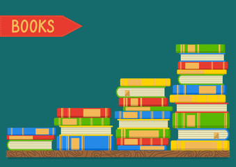 Stacks of books on teal background. Knowledge, education, studying background. Vector illustration with place for your text.