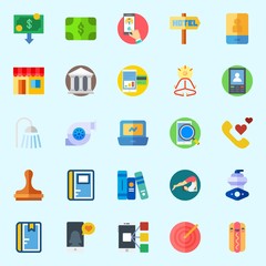 Icons set about Lifestyle with hotel, phone call, notebook, laptop, yoga and book