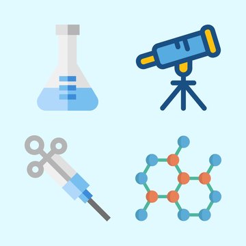 Icons about Science with syringe, chemical, flask and telescope