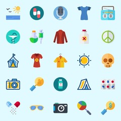 Icons set about Hippies with sunglasses, shirt, sun, pharmacy, poison and microphone