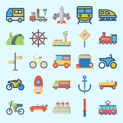 Icons set about Transportation with rudder, garage, van, car, stick and crane