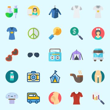 Icons set about Hippies with poison, search, pregnancy, photo camera, nurse and sunglasses
