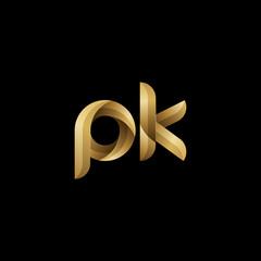 Initial lowercase letter pk, swirl curve rounded logo, elegant golden color on black background