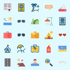 Icons set about Beach And Camping with tour, sun, rope, mountains, sea life and bathing