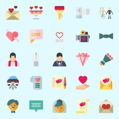 Icons set about Wedding with video camera, suit, wedding cake, couple, diamond and camcorder