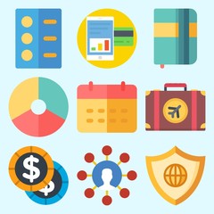 Icons set about Business with agenda, coin, smartphone, shield, suitcase and pie chart