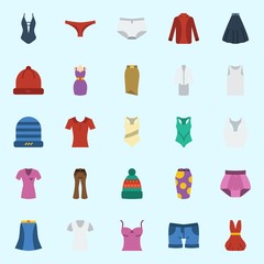 Icons set about Women Clothes with tank top, swimsuit, dress, winter hat, sleeveless and pants