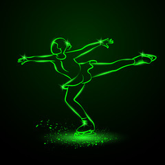 Figure skating neon illustration. A girl dances on ice in a position with an elongated leg.
