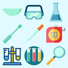 Icons set about Laboratory with dropper, watch glass, secure glasses, test tubes, loupe and ladle