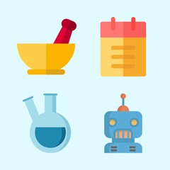 Icons about Science with flask, notebook, robot and mortar