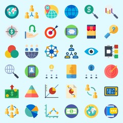 Icons set about Marketing with teamwork, money, internet, search, pyramid and receive