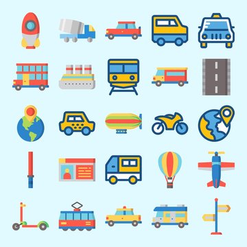 Icons set about Transportation with train, direction sing, plane, tram, taxi and road © Orxan