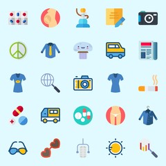 Icons set about Hippies with pills, pregnancy, newspaper, search, sunglasses and cigarete