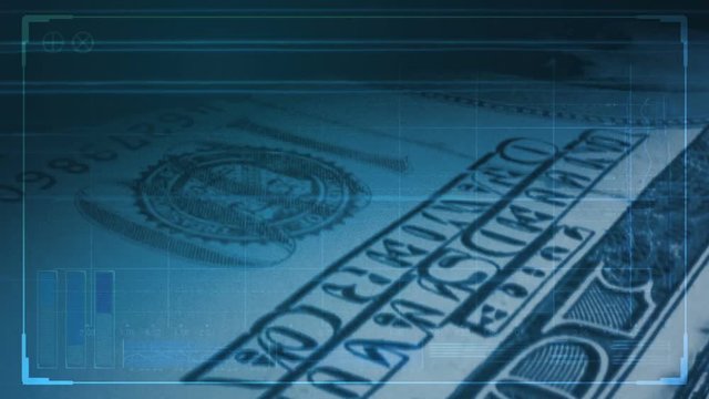 An extreme closeup of American dollar notes flipping through in a counting machine overlaid with a blue tinted futuristic technical data analysis interface - Powered by Adobe
