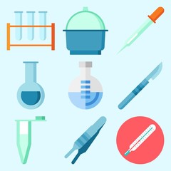 Icons set about Laboratory with laboratory, flask, dropper, dropping liquid, test tubes and thermometer